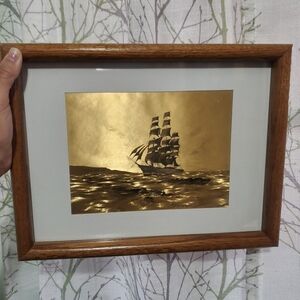 Metallic Foil Ship in the Sea Wall Art with Wood Frame